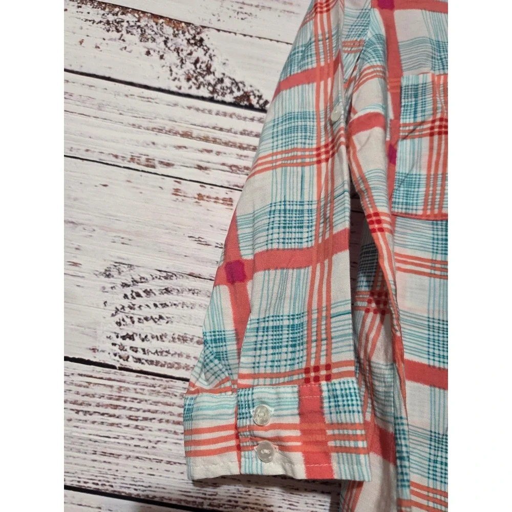 ana A New Approach Plaid Button Down Blouse Pink Blue 3/4 Roll Tab Sleeve Medium